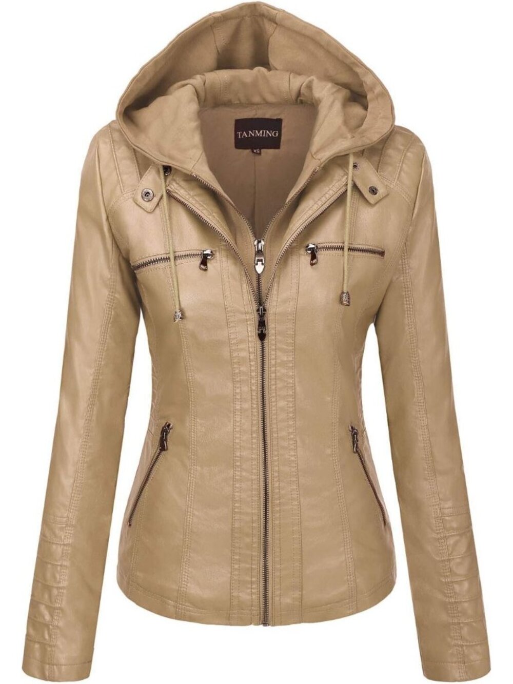 Women's Apricot Faux Leather Jacket Hooded Moto Biker Fall Fashion Winter Coats
